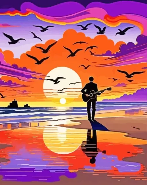 Boy With Guitar Silhouette At Sunset Diamond Painting