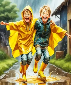 Boys Jumping In Puddle Diamond Painting
