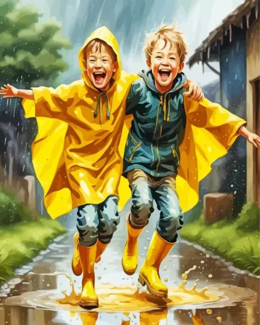 Boys Jumping In Puddle Diamond Painting