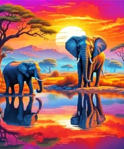 Cool Elephant And Sunset Art Diamond Painting