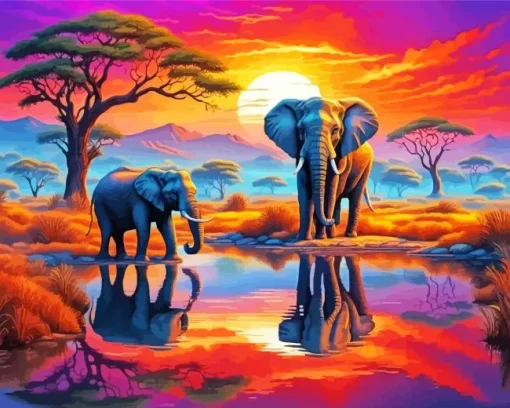 Cool Elephant And Sunset Art Diamond Painting