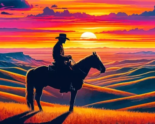 Cowboy Riding Into Sunset Diamond Painting