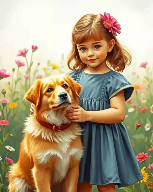 Dog With A Cute Girl Diamond Painting