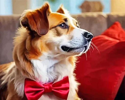 Dog With Red Bow Diamond Painting