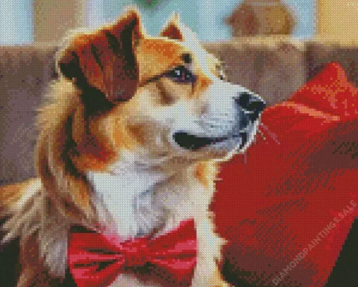 Dog With Red Bow Diamond Painting
