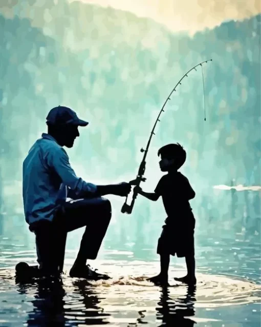 Father And Son Fishing Silhouette Art Diamond Painting