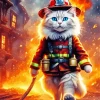 Firefighter White Cat Diamond Painting