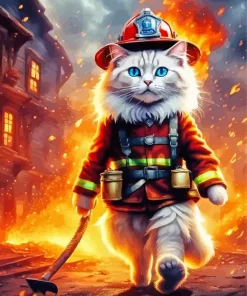 Firefighter White Cat Diamond Painting