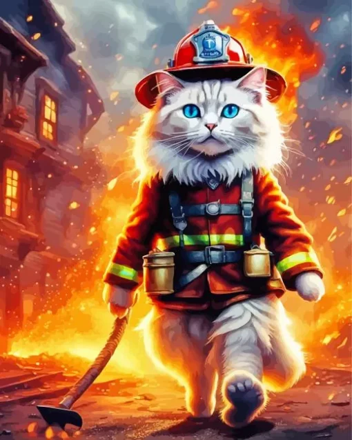 Firefighter White Cat Diamond Painting