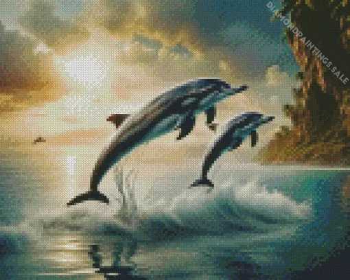 Grey Dolphins Jumping Out Of Water Diamond Painting