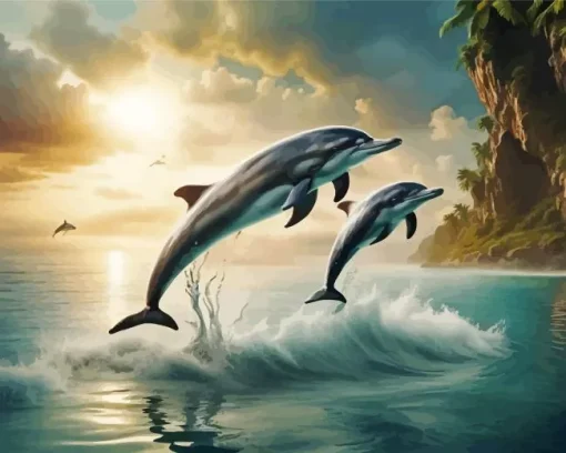 Grey Dolphins Jumping Out Of Water Diamond Painting