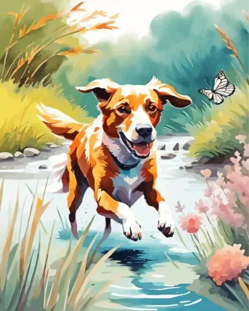 Happy Dog And Butterfly Diamond Painting
