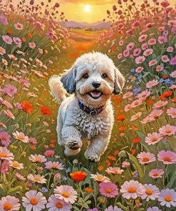 Maltipoo In Flowers Meadow Diamond Painting