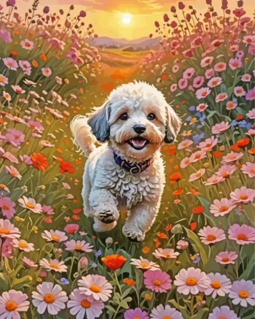 Maltipoo In Flowers Meadow Diamond Painting