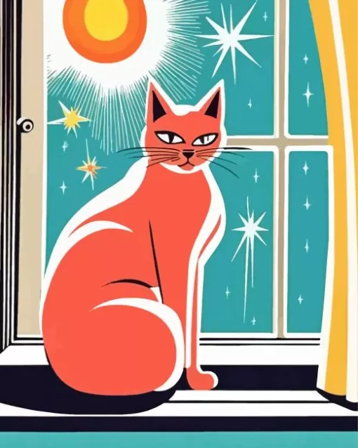 Pink Cat In Window Diamond Painting