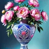 Pink Peonies Bouquet In Blue Vase Diamond Painting