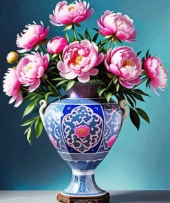 Pink Peonies Bouquet In Blue Vase Diamond Painting