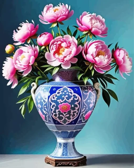 Pink Peonies Bouquet In Blue Vase Diamond Painting