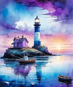 Purple Sunset And Lighthouse Diamond Painting