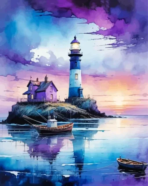 Purple Sunset And Lighthouse Diamond Painting