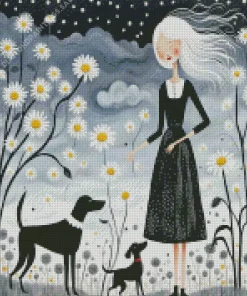 Woman And Dogs Folk Art Diamond Painting