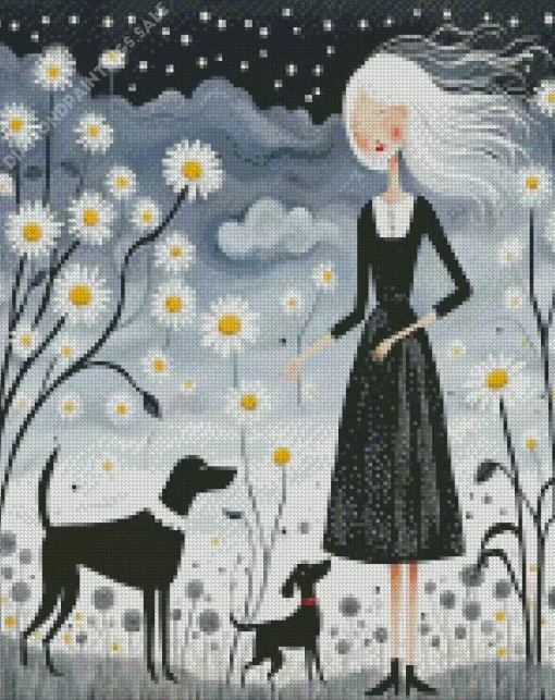 Woman And Dogs Folk Art Diamond Painting
