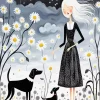 Woman And Dogs Folk Art Diamond Painting