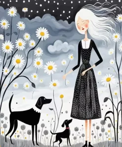 Woman And Dogs Folk Art Diamond Painting