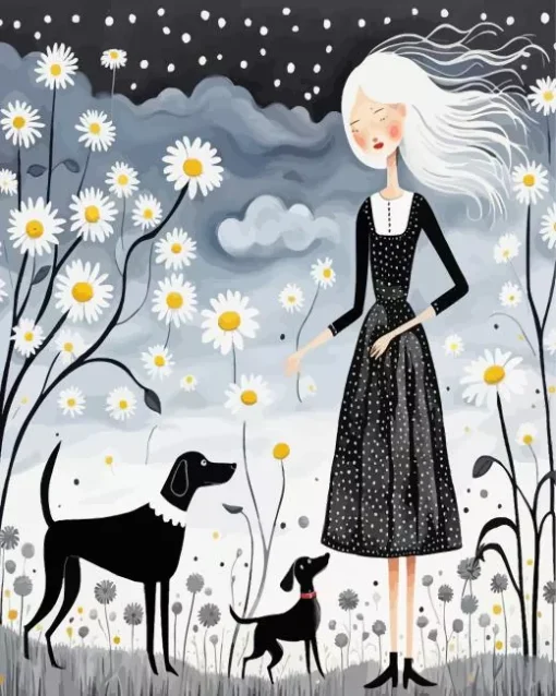 Woman And Dogs Folk Art Diamond Painting
