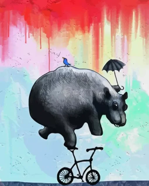 Hippo on Bike In Rain Diamond Painting