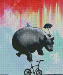 Hippo on Bike In Rain Diamond Painting