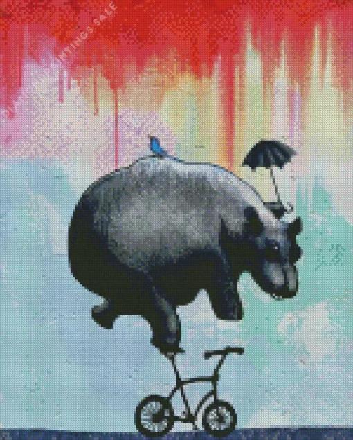Hippo on Bike In Rain Diamond Painting