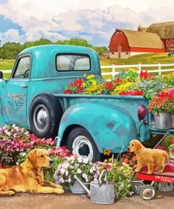 Abstract Truck Flower With Dogs Diamond Painting