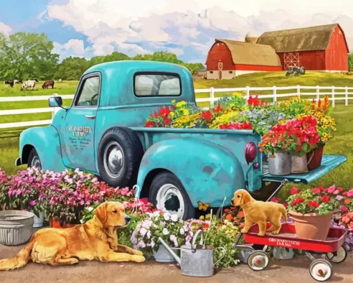 Abstract Truck Flower With Dogs Diamond Painting