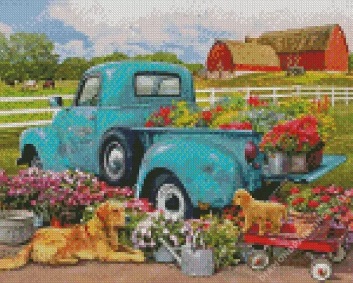 Abstract Truck Flower With Dogs Diamond Painting