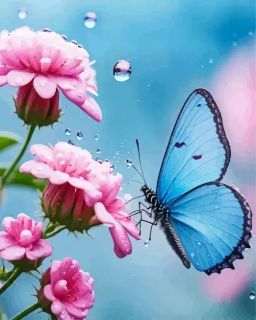 Blue Butterfly On Pink Flower Diamond Painting