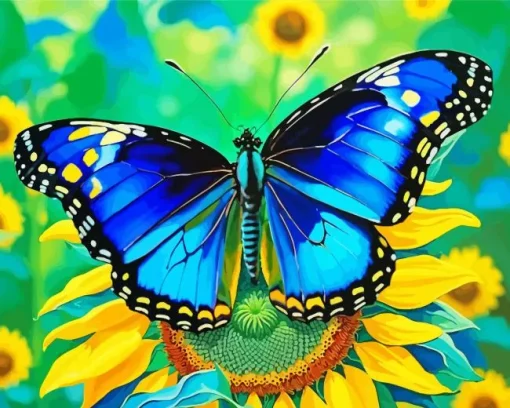 Blue Butterfly On Sunflower Diamond Painting
