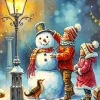 Brother And Sister With Snowman Diamond Painting