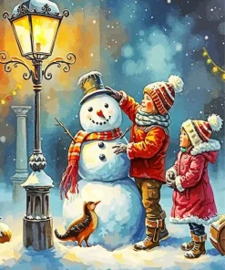 Brother And Sister With Snowman Diamond Painting
