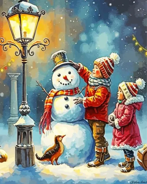 Brother And Sister With Snowman Diamond Painting