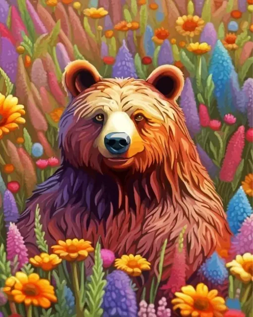 Brown Bear And Flowers Diamond Painting