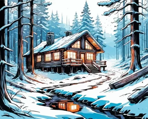 Cabin In Forest Diamond Painting