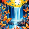 Colorful Butterflies Over The Waterfall Diamond Painting