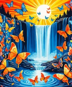 Colorful Butterflies Over The Waterfall Diamond Painting