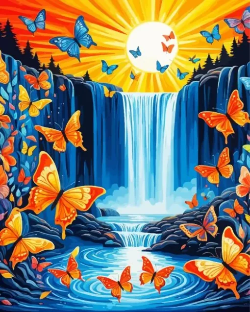 Colorful Butterflies Over The Waterfall Diamond Painting
