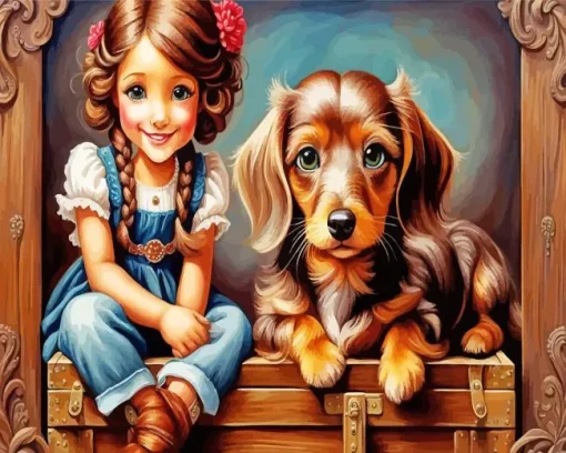 Girl With A Brown Fluffy Dachshund Diamond Painting