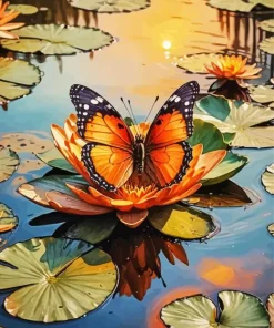 Orange Butterfly On Lily Pad Diamond Painting