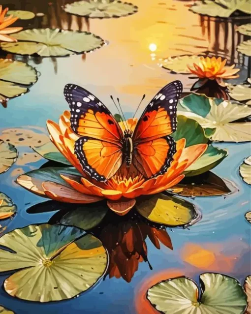 Orange Butterfly On Lily Pad Diamond Painting