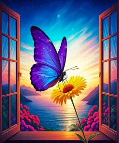 Purple Butterfly On Yellow Flower Diamond Painting