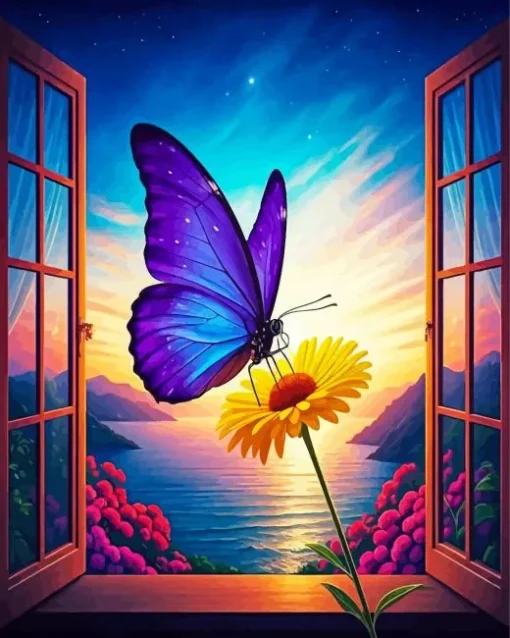 Purple Butterfly On Yellow Flower Diamond Painting